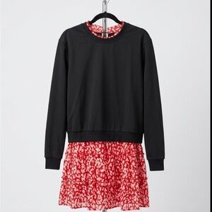 Black Sweatshirt with Red Patterned Dress